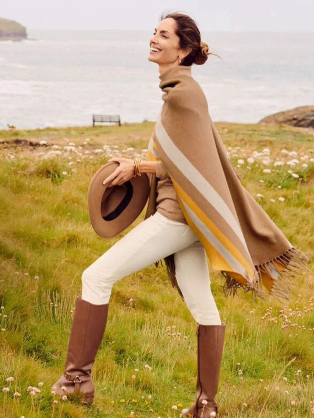 Talbots Tan and Yellow Colorblock Knit Ruana Wrap